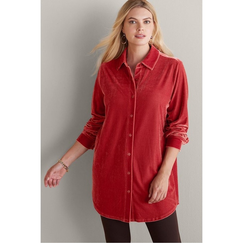 Soft Surroundings Velvet Boyfriend Tunic Shirt Plus Size 2X Regal‎ Red Office